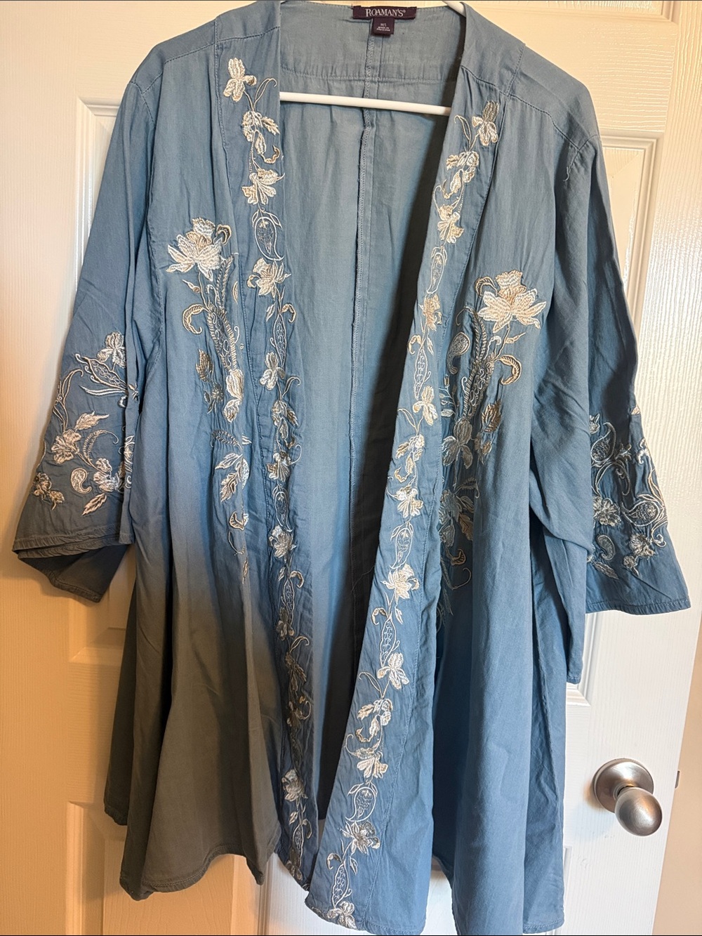 Roaman's Light Blue Embroidered Open Front Kimono